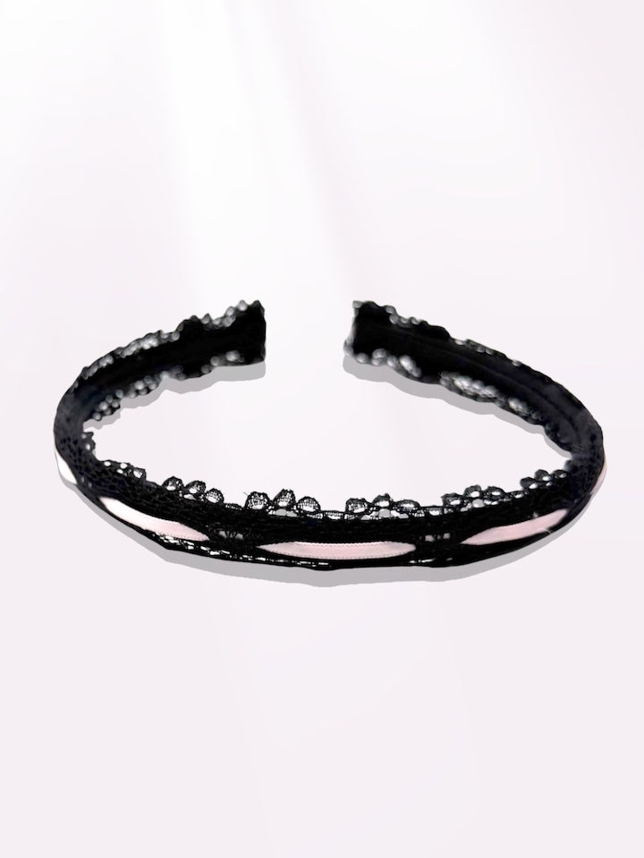 Top View of Chantilly Black Lace Pink Headband