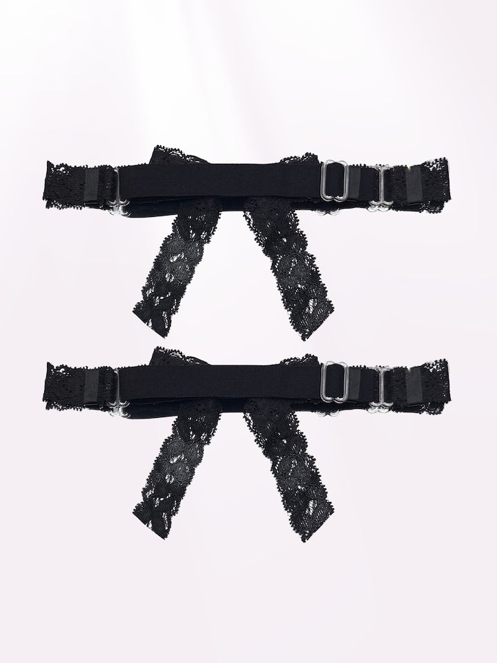 Bougee Black Lace Bow Leg Garters Back View showing adjustable straps