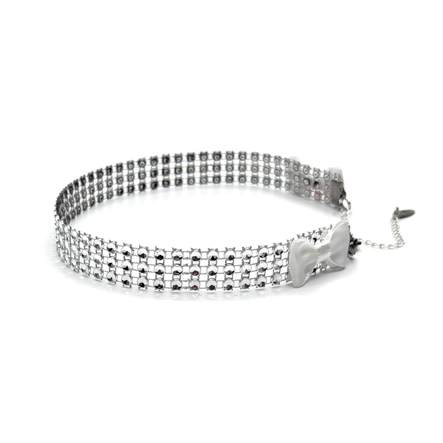 Silver Rhinestone Mesh White Bow Choker