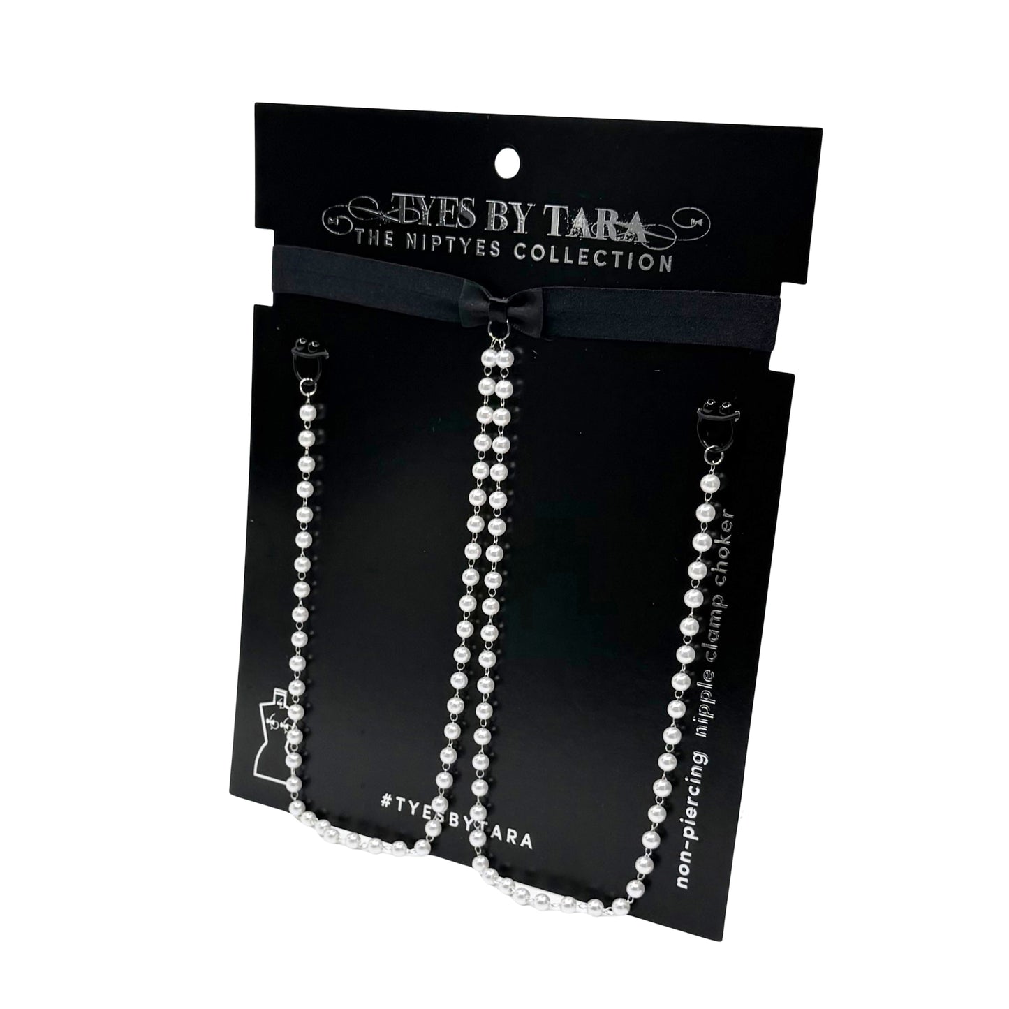 centerfold pearl bow nipple clamps on black card