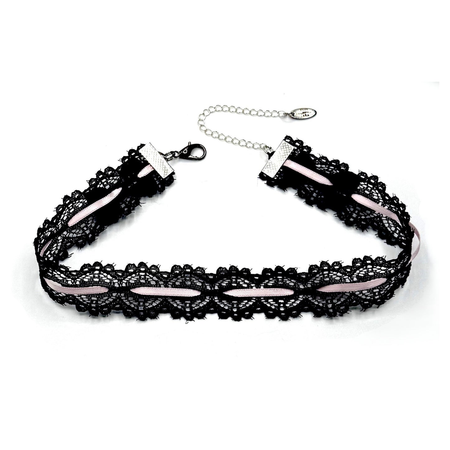 Chantilly Black Pink Lace Choker on White Background