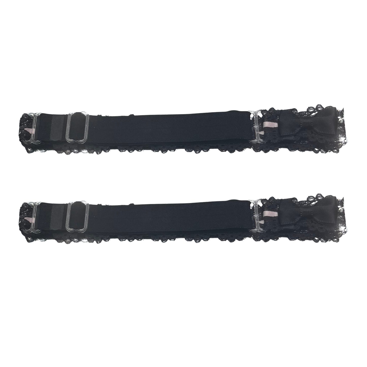 Back view of chantilly black pink lace leg garters showing the adjustable strap