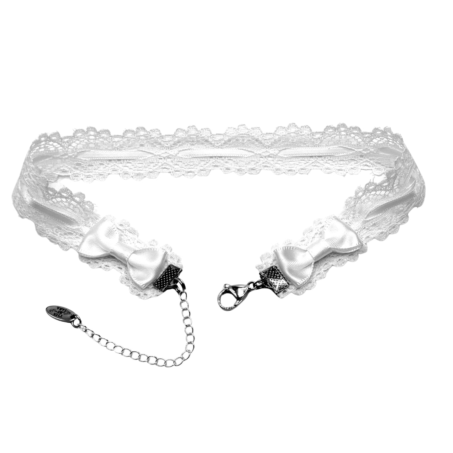 White lace choker with bow and chain on a white background