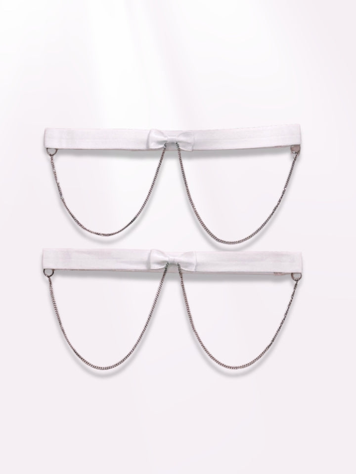 heartbreaker white bow leg garters with silver chain