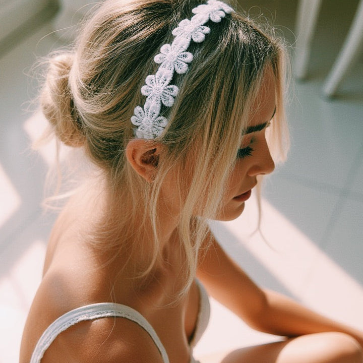 White Flower Headband on Blonde Model