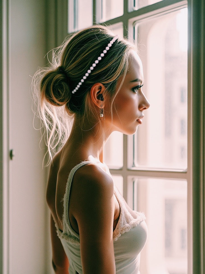 Pearl Bow Headband on beautiful blonde model