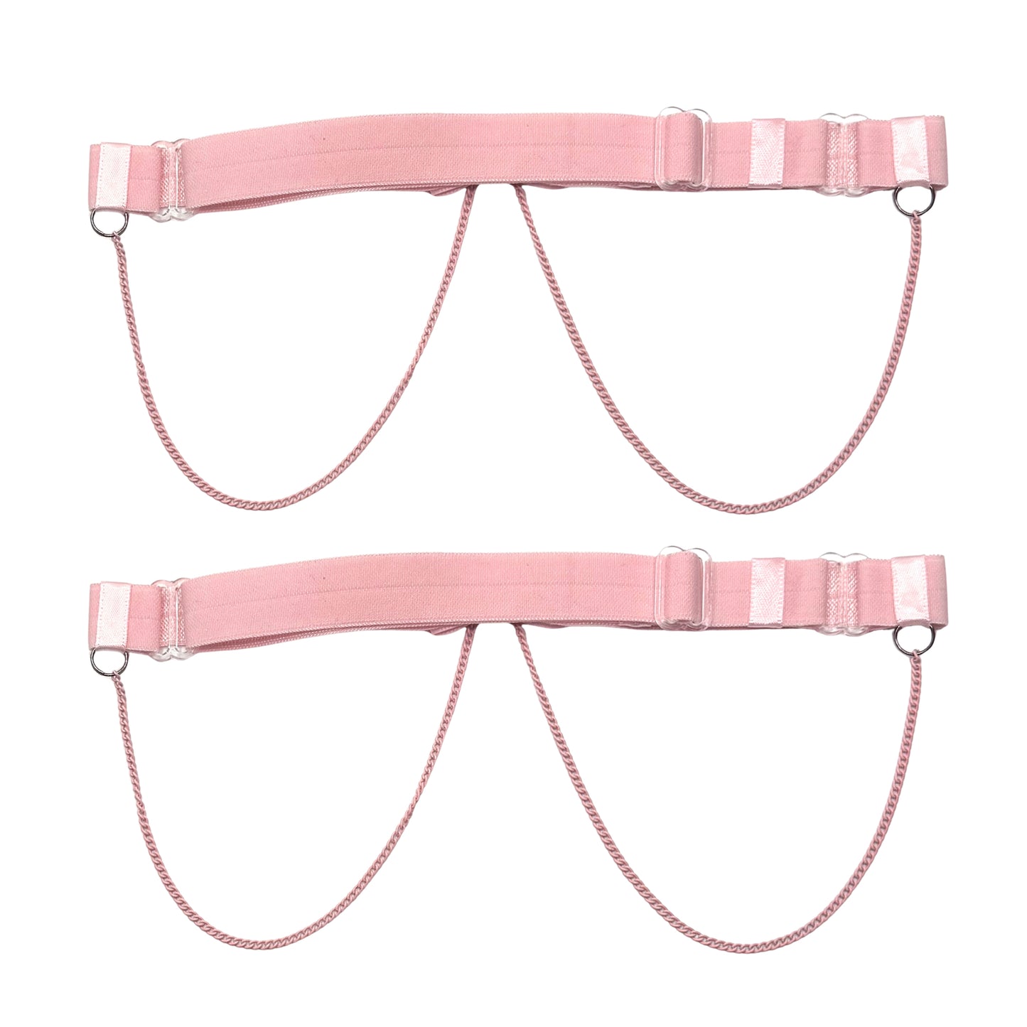 Pink Chain Bow Leg Garters on White Background showing adjustable strap