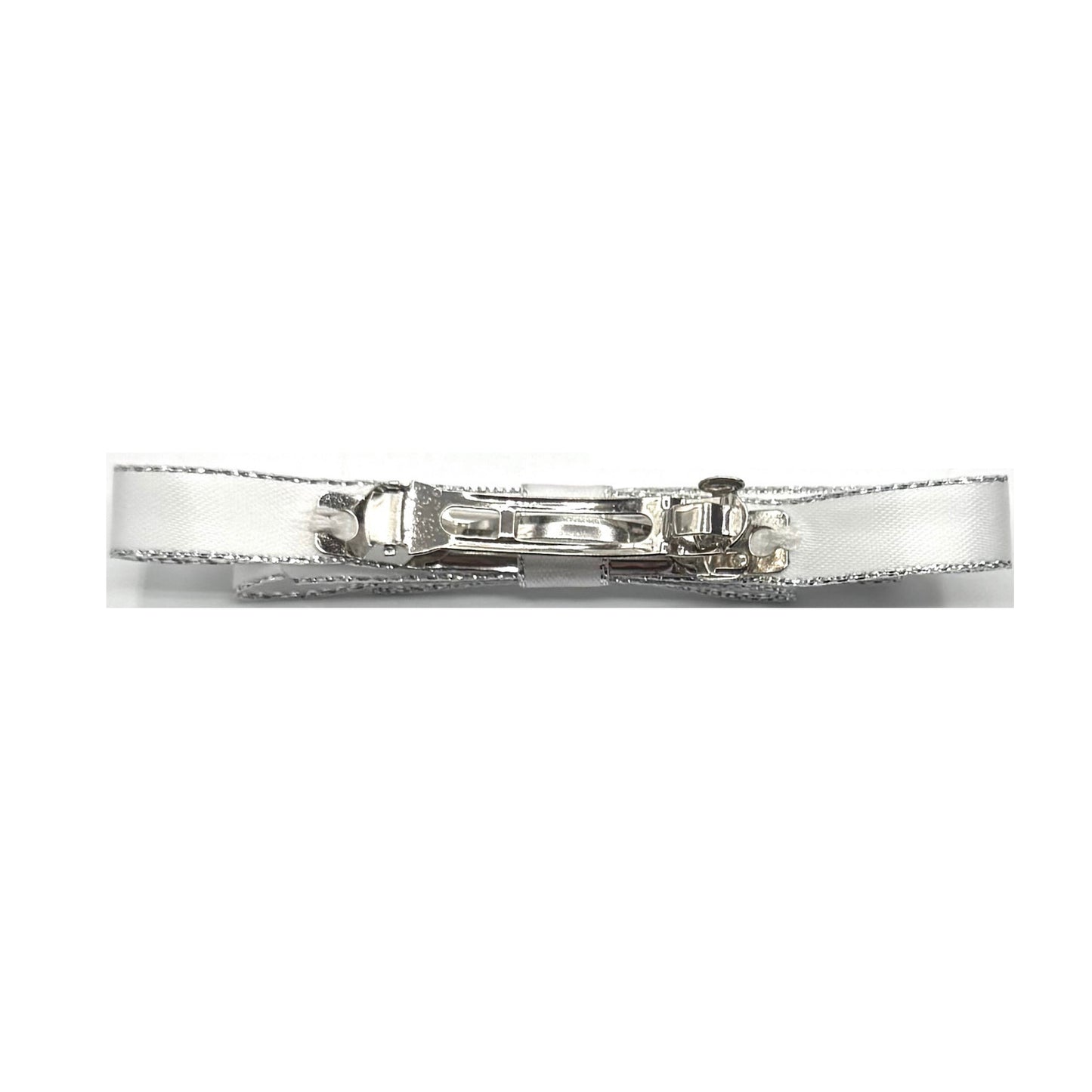 queen white hair bow with silver metallic trim on white background