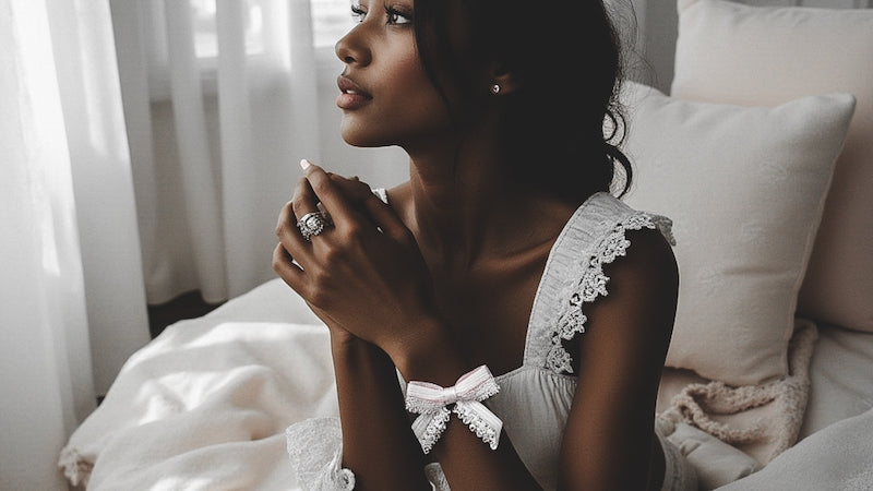 Model in White Lingerie Bow Bracelet