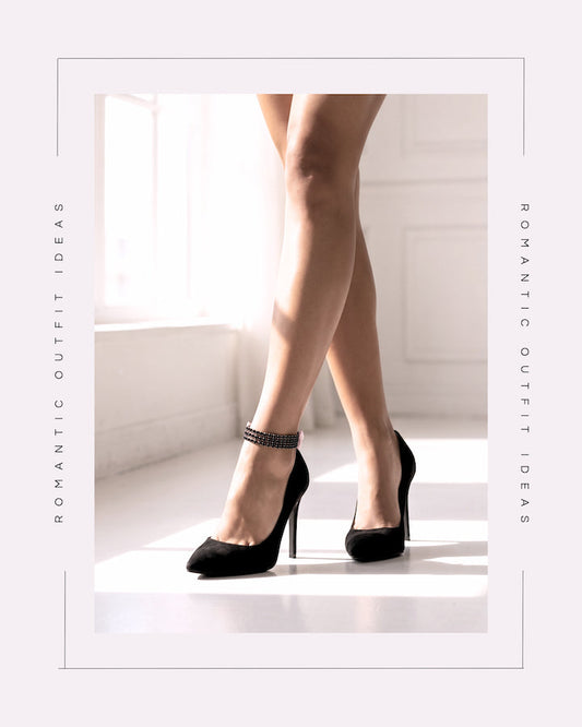 sparkly black bow anklet on model in black high heels in elegant setting