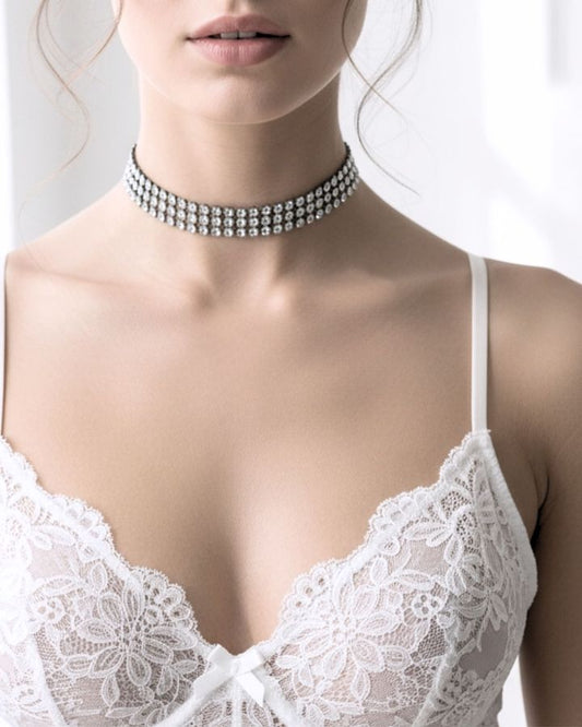 sparkly choker on model in white lingerie