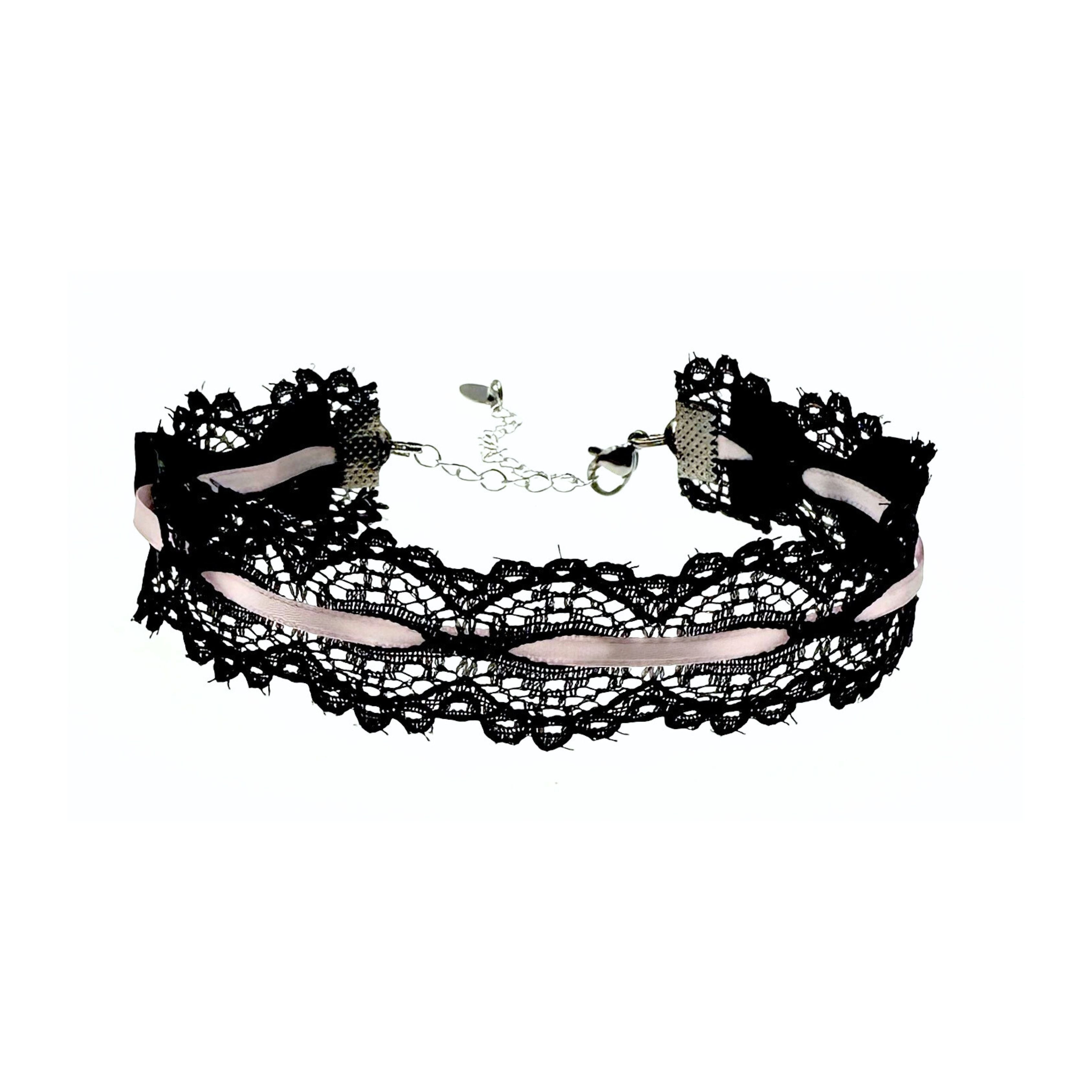 Lace Bow Black Anklet with Pink Satin