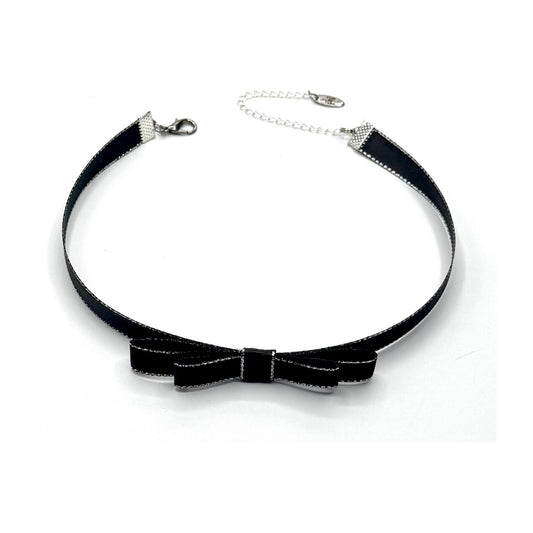Queen Black Bow Choker with Silver Metallic Trim 