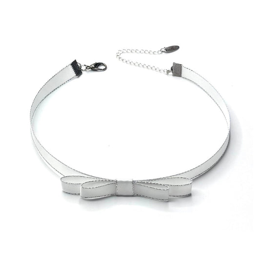 Silver bow-shaped choker necklace on a white background