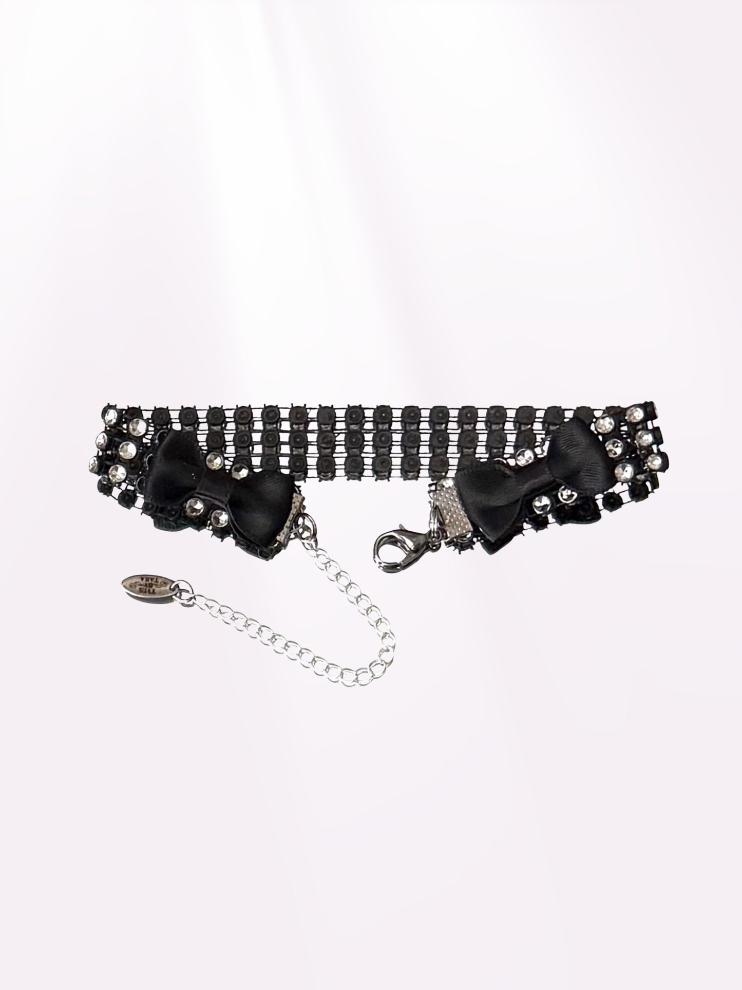 Black and Silver Rhinestone Mesh Sparkly Anklet with Black Bows 