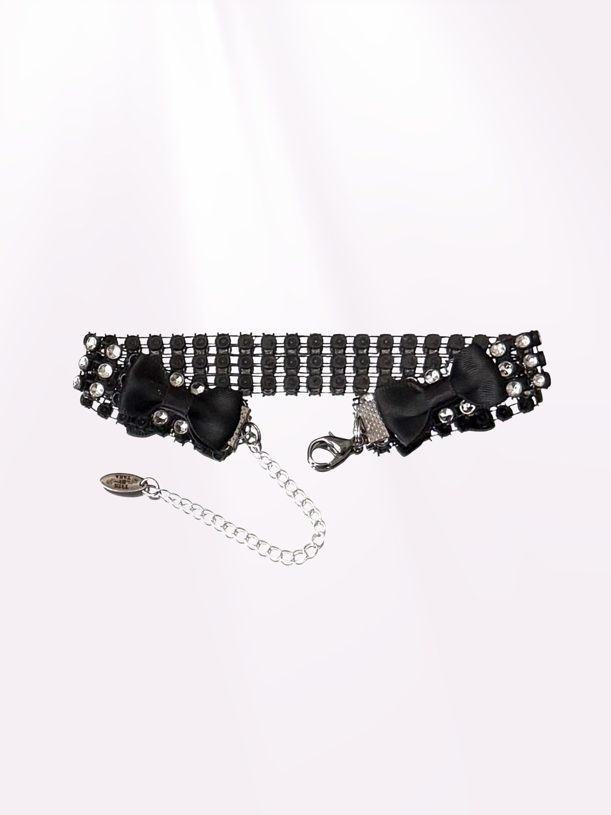 Black and Silver Rhinestone Mesh Sparkly Anklet with Black Bows 