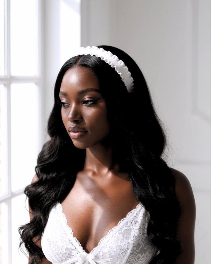 Maiden White Ruffled Headband on Model in White lIngerie