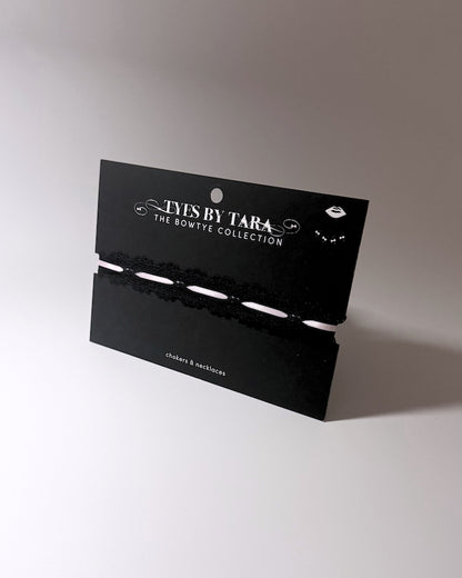 Chantilly Black Lace Pink Bow Choker on Black Card