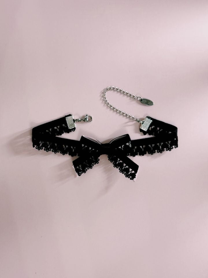 Belle Black Lace Bow Pink Anklet on Pink Background