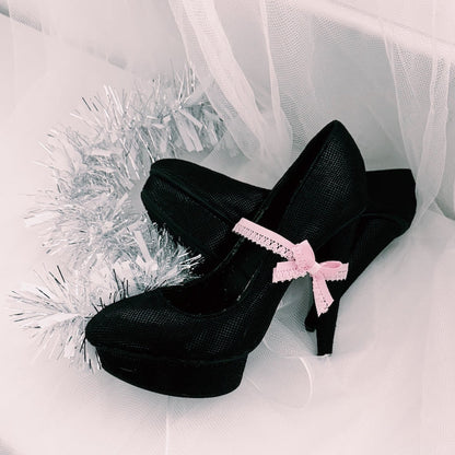 Belle Pink Bow Elastic Lace Anklet  on Black High Heels