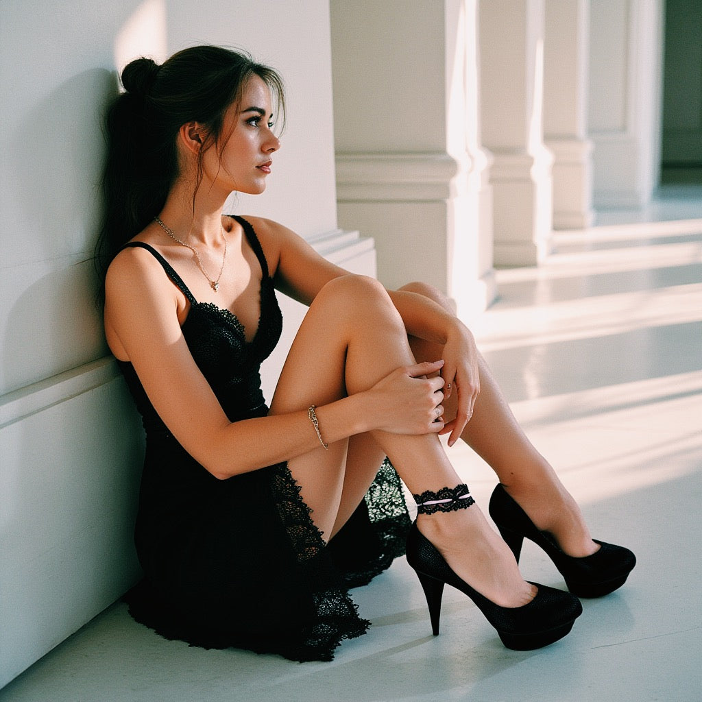 Beautiful Model in Black Dress Sitting in White Hallway wearing Chantilly Black Pink Anklet 