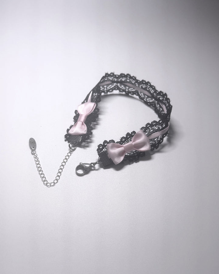 Chantilly Black Lace Anklet showing pink bows