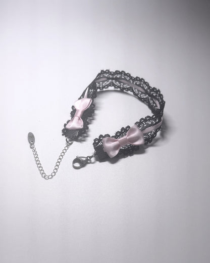 Chantilly Black Lace Anklet showing pink bows