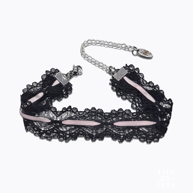 Chantilly Black Lace Pink Satin Bow Anklet 
