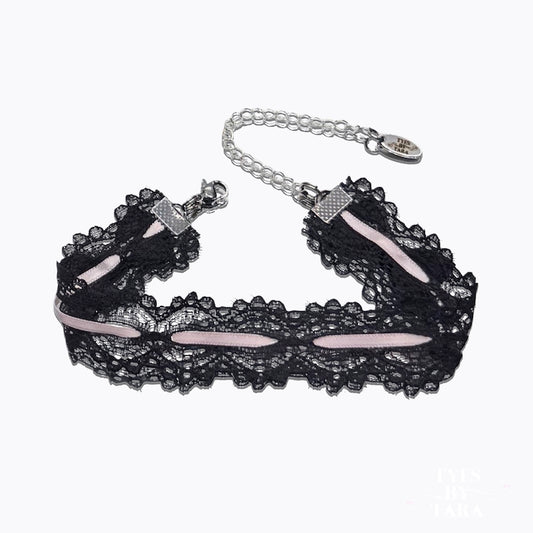 Chantilly Black Lace Pink Satin Bow Anklet 