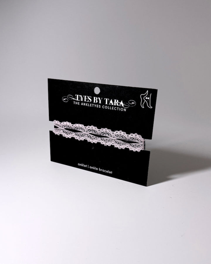 Chantilly Pink Lace Anklet on soft gray badckground on black card