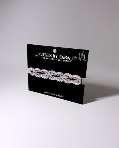 Chantilly Pink Lace Anklet on soft gray badckground on black card