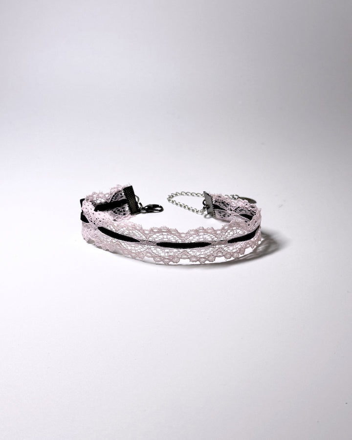 Chantilly Pink Lace Anklet on soft gray badckground