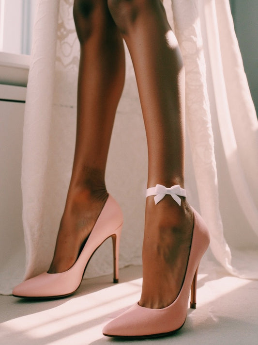 Marie Antoinette White Velvet Bow Anklet on Model in Pink Heels