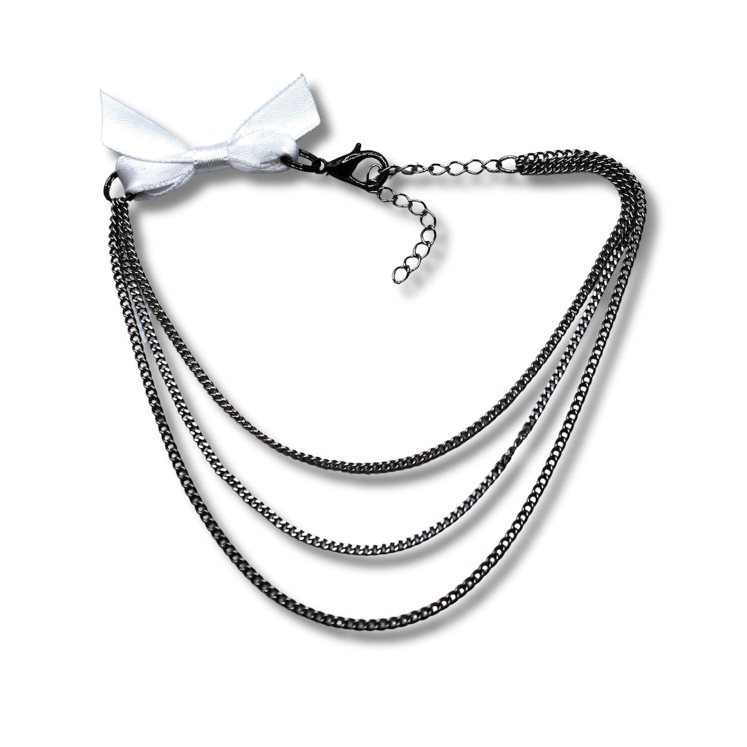 White Bow Anklet with Layered Silver Chain