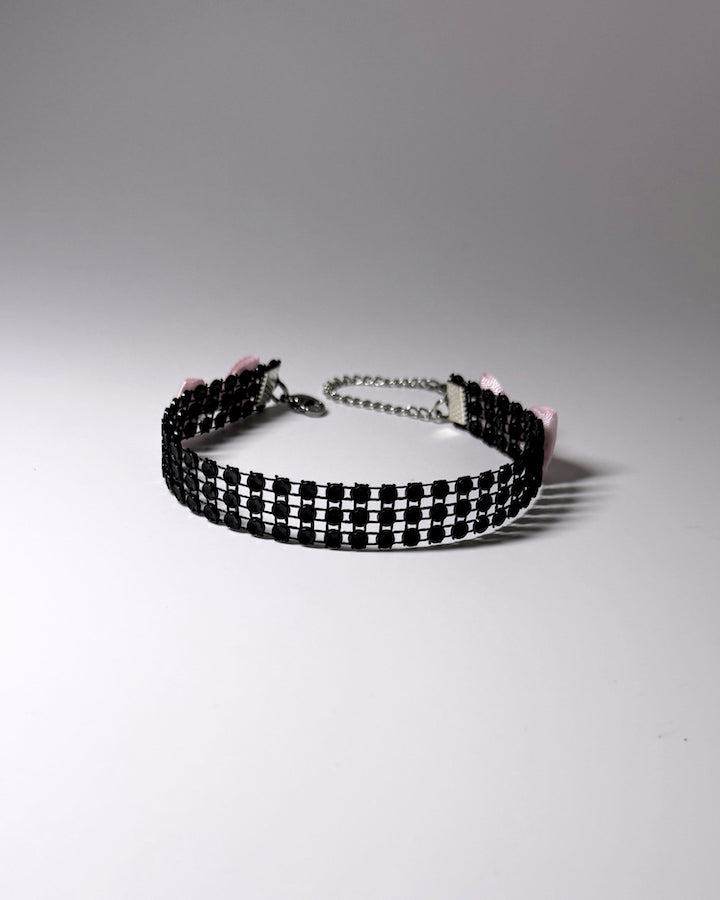 Vixen Sparkly Black Rhinestone Mesh Pink Bows