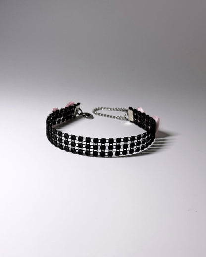 Vixen Sparkly Black Rhinestone Mesh Pink Bows