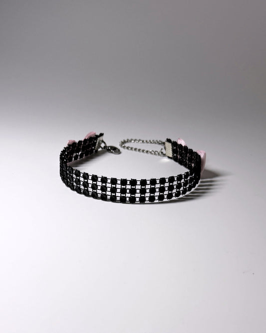 Vixen Sparkly Black Rhinestone Mesh Pink Bows