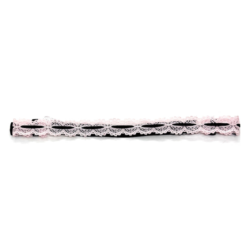 Chantilly Pink Lace Belt with pink lace and black ribbon on white background