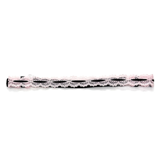 Chantilly Pink Lace Belt with pink lace and black ribbon on white background