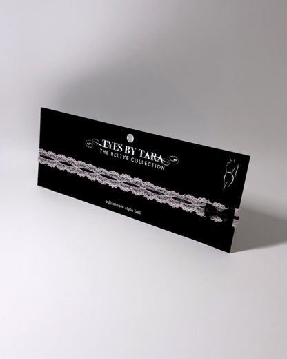 Chantilly Black Pink Lace Bow belt on card