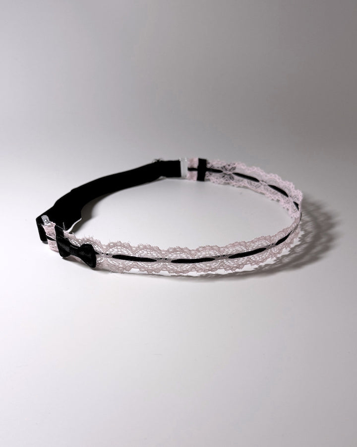 Chantilly Pink Lace Bow Belt Side View of Black Bows