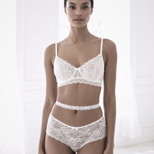 Chantilly White Lace Bow Belt on model in white lingerie