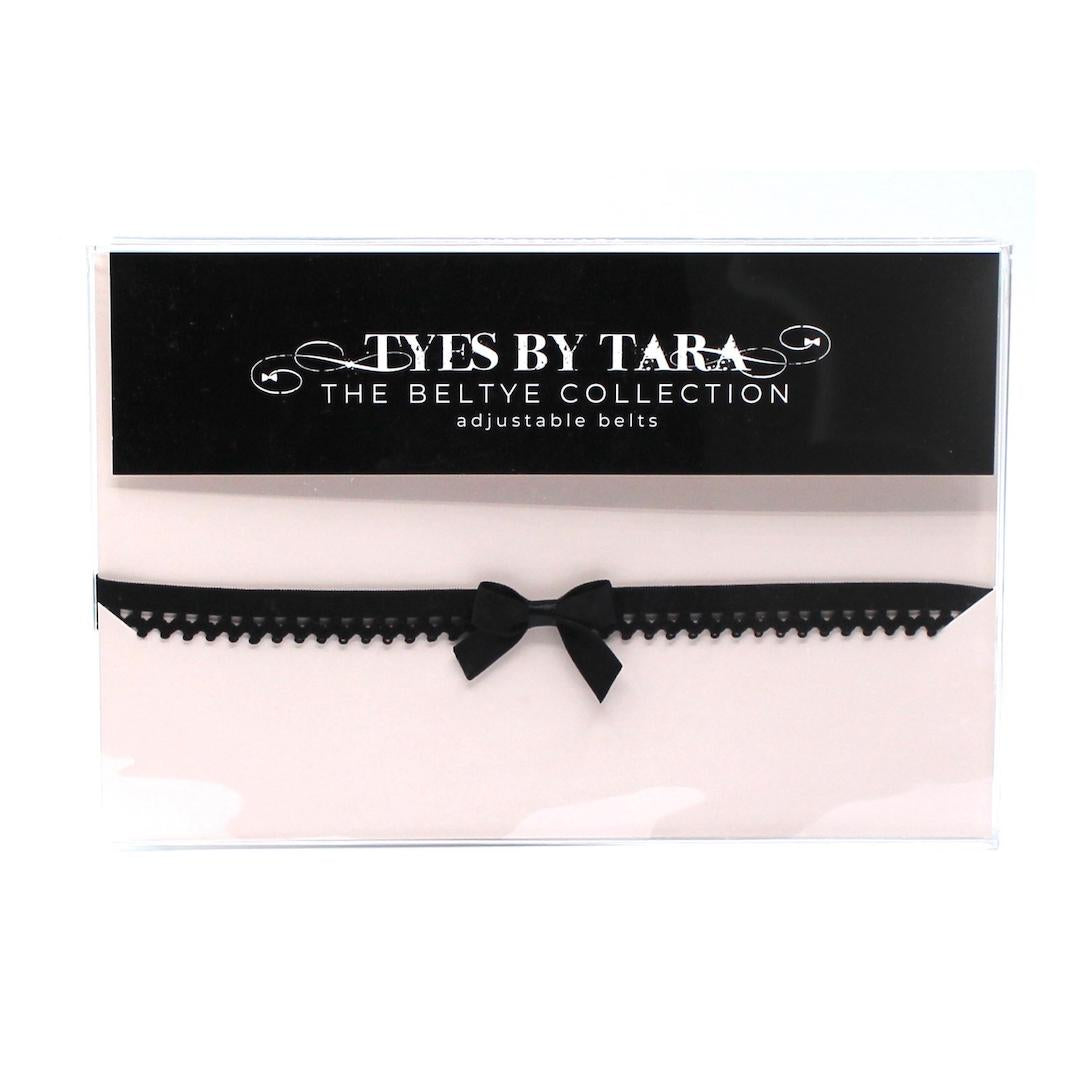 Black Bow Belt with Picot Elastic Trim and Adjustable Strap in Black and Pink Box