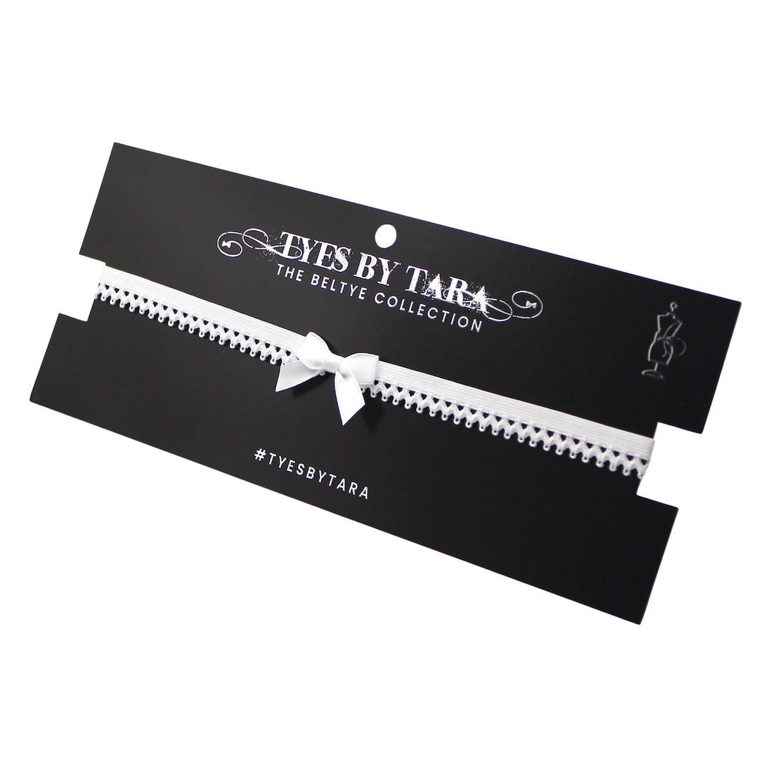 White Picot trimmed bow belt on black card