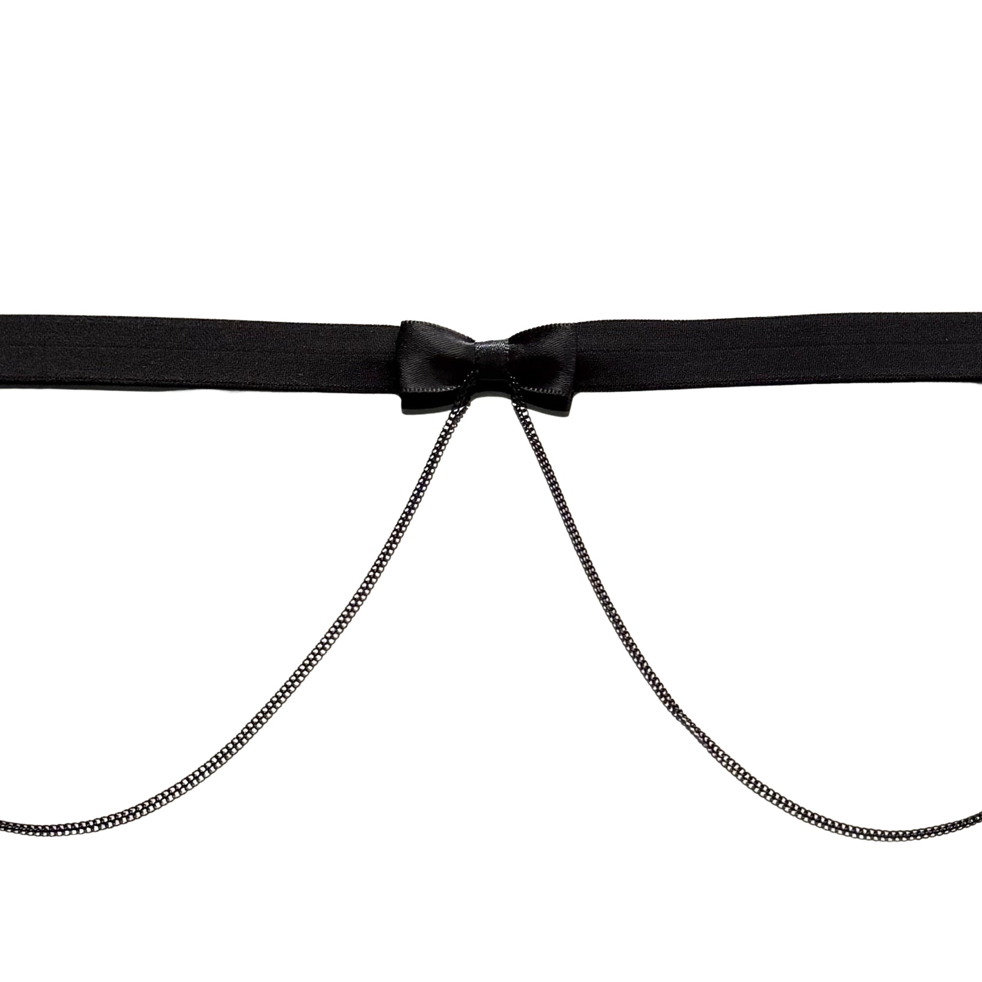 Black belt with a bow and chain detail on a white background
