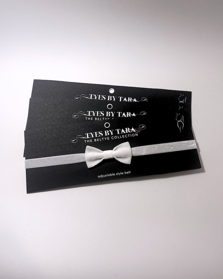 Madame White Velvet Bow Belt displayed on black retail card shown as a pack of 3