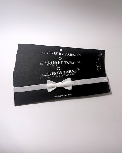 Madame White Velvet Bow Belt displayed on black retail card shown as a pack of 3