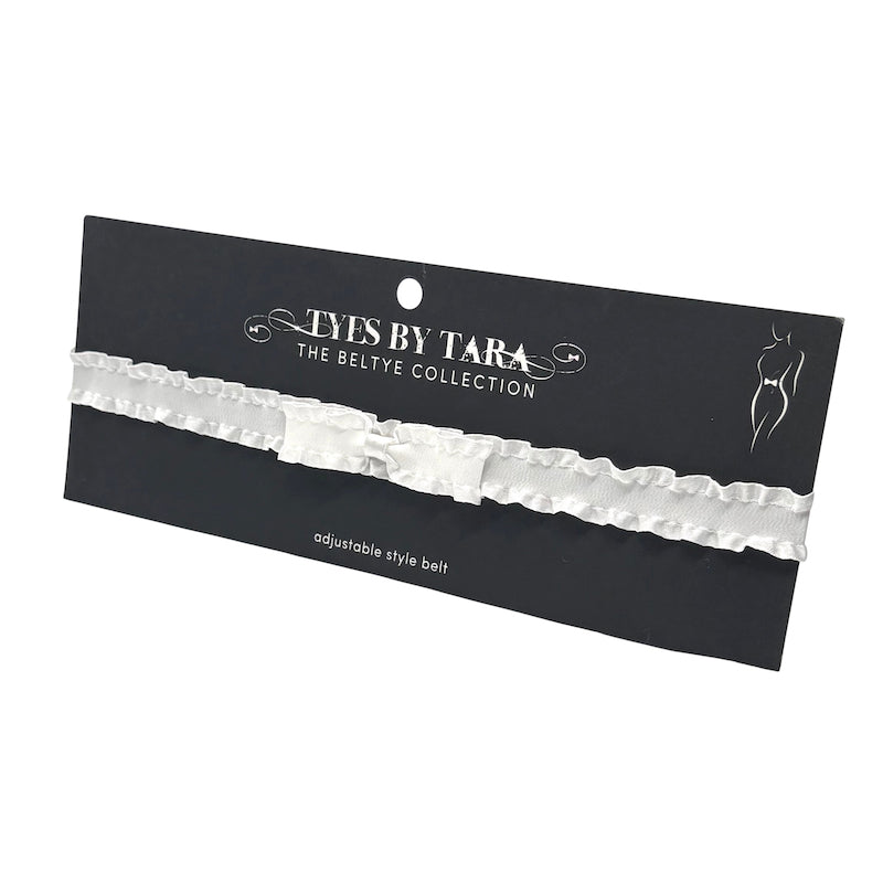 White Ruffle Bow Belt on black card