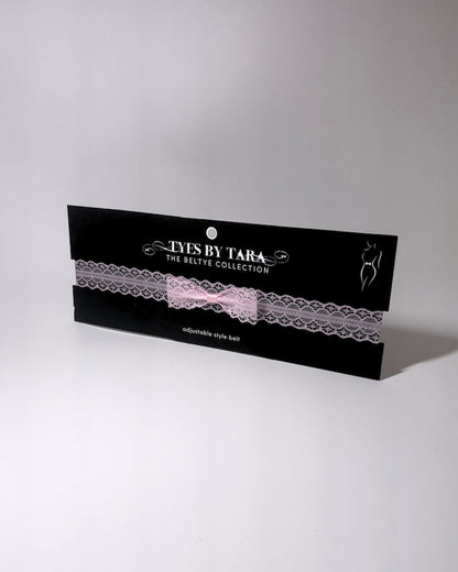 Siren Pink Lace Bow Belt on black card