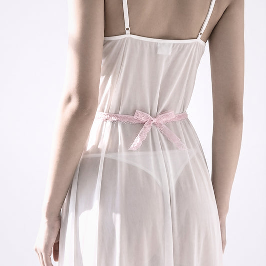 Tease Pink Lace Bow Belt on model in long white dress 